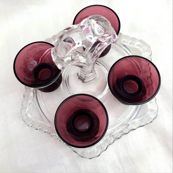 Vintage Glass Tray W,/Handle & Four Amethyst Glass Cordial/Liqueur Tasting Cups - Picture 2 of 9